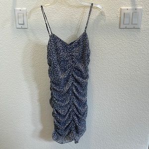 Blue floral print runched bodycon mini dress